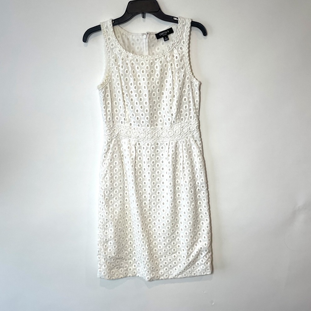 Chetta‎ B Eyelet Sheath Dress Womens 6 White Sleeveless Lined Pockets Cocktail